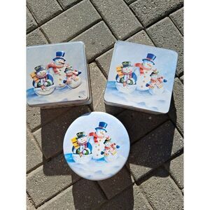 3 Pc Christmas Tins Snowman + Family Collectors Vintage